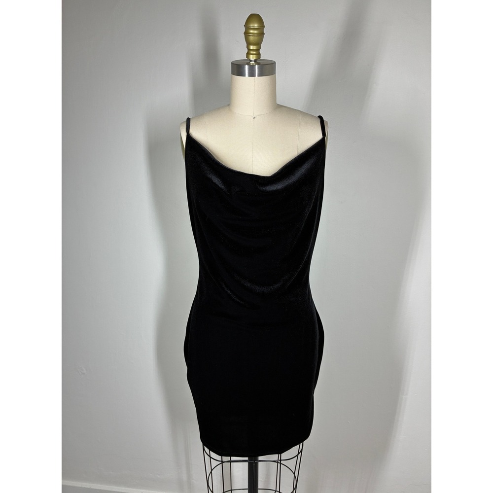 Black Velvet Cowl Neck Slip Mini‎ Dress Medium Bodycon Stretchy Event Feminine